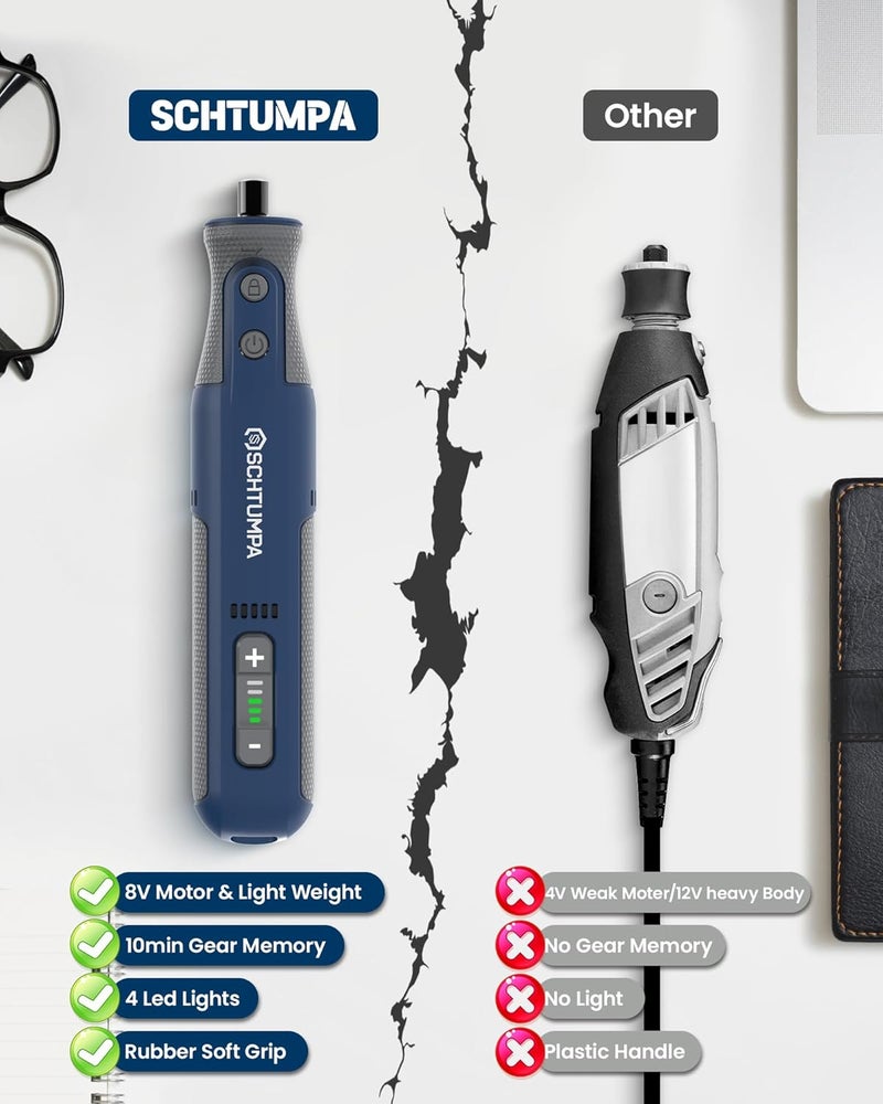SCHTUMPA 8V Cordless Rotary Tool, Rotary Tool Kit with LED Light, 5-Speed (Max 28000RPM), Upgraded Sanding Belt, 25pcs Rotary Tool Accessories for Grinding, Carving, Engraving, Polishing, Cutting, etc - Image 2